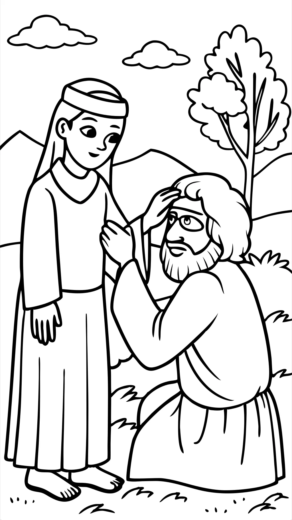 Jésus guérit une page à colorier aveugle